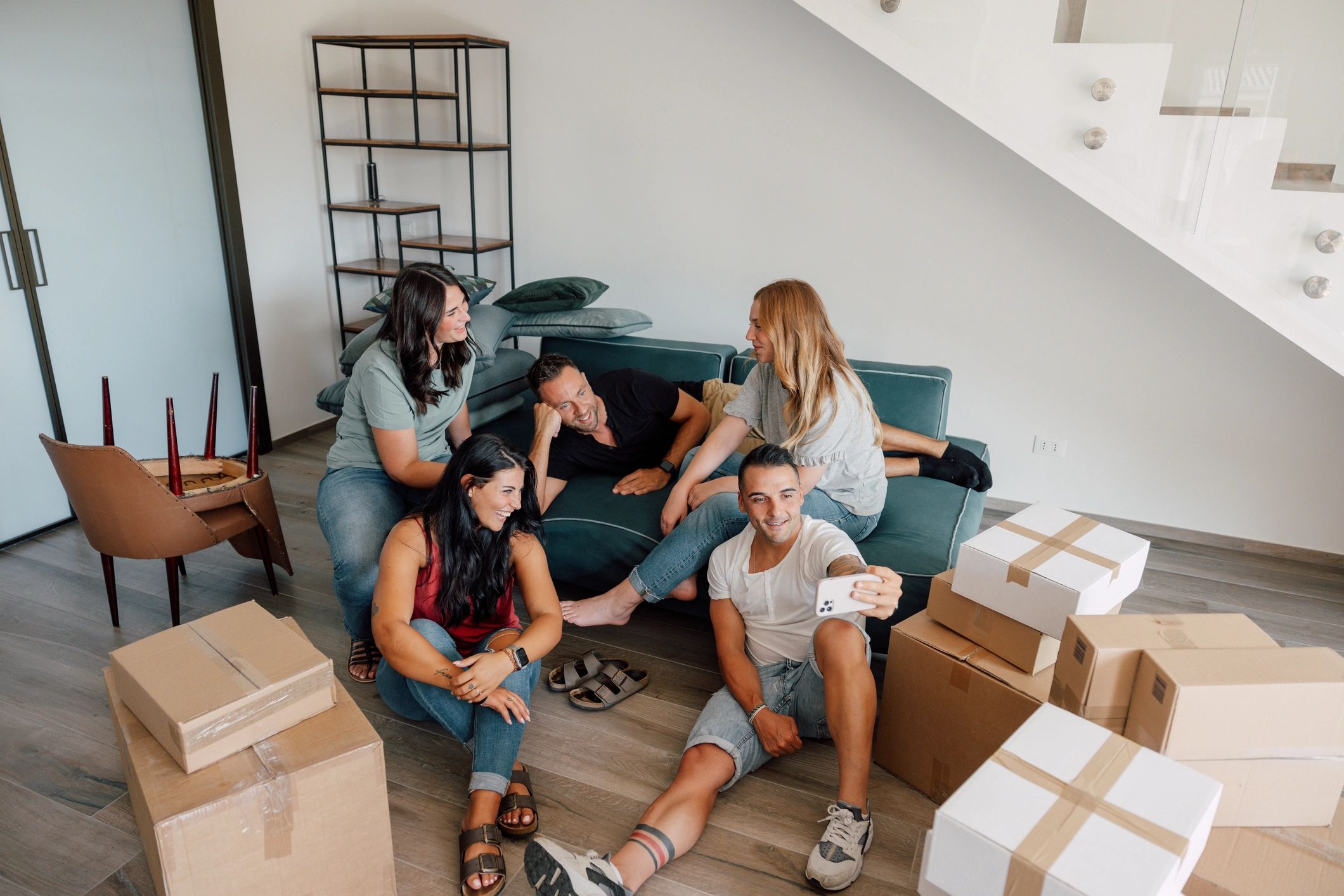Satisfied clients in a modern interior after relocation